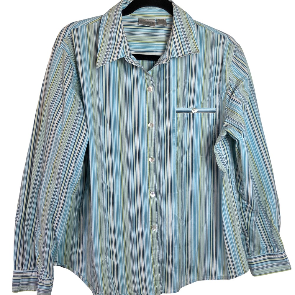 Chico's Blue Green Vertical Stripe Button Up Shirt Career Office Top